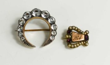A Georgian gold (tested as), seed pearl and garnet set brooch / pendant, engraved with initials,