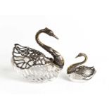 Two silver and cut glass swans, both with articulated wings, the largest marked 925 maker stamp ELo,