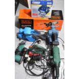 A group of power tools to include a Black and Decker Alligator lopper, planer, sanders and a Power