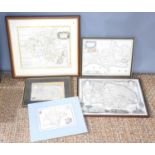 A group of antique hand-coloured engraved maps to include a Robert Morden map of Worcestershire