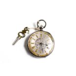 A 19th century silver pocket watch, with a silvered engraved dial, gilt Roman numerals and