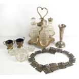 A pair of silver twin handled salts together with a silver plate pierced decorative belt, cut