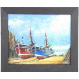 Jack Rigg (b.1927): Oil on board, depicting two fishing trawlers at low water, signed bottom