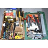 Two boxes of hand tools to include screwdrivers, hammers, set squares, chisels and other items.