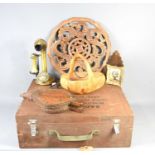A remote monitoring radiacmeter wooden case together with a brass candlestick telephone, a carved
