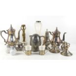 Two silver candlesticks with weighted bases, a glass vase with silver rim, a Liberty and Co pewter