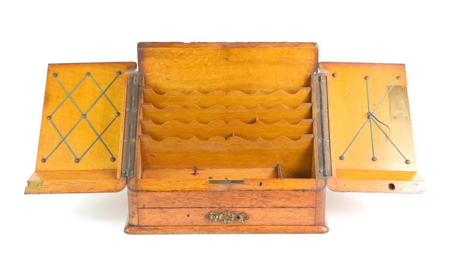 An early 20th century two door oak stationery box, fitted interior and single drawer below, 26.5cm - Bild 2 aus 2