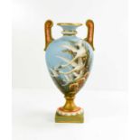 A Fine Royal Worcester twin handled vase, by Baldwyn, painted with four swans in flight, and a