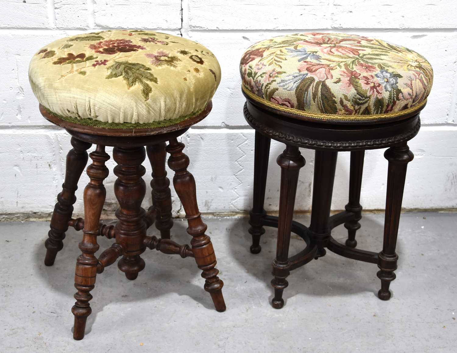 Two antique stools, one in oak having turned spindle legs and central column, both with