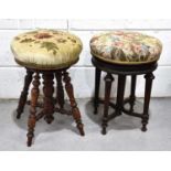 Two antique stools, one in oak having turned spindle legs and central column, both with