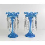 A pair of blue glass lustres with gilded decoration and clear cut glass drops, together with various