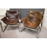A pair of Mid Century Maurice Burke Alpha Sling armchairs For Pozza, in tan leather with a chrome