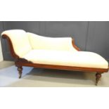 A Victorian mahogany framed Chaise Lounge, scrolling back, cream fabric upholstery, 38cm seat