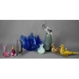 A selection of Mid Century and later glassware to include a blue handkechief vase, two Murano