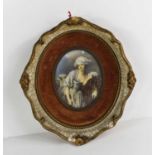 A portrait miniature, printed and overpainted on porcelain, depicting an 18th century gentlewoman