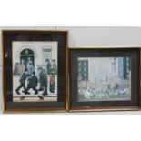 Two LS Lowry prints, framed and glazed and titled Coming from the Mill, and A Fight.
