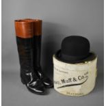 A pair of vintage riding boots, black with tan top, size 5, together with a Brown, Muff & Co of