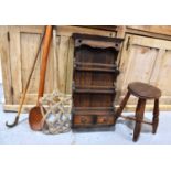 An antique oak stool with turned legs and cross form stretcher together with a large treen