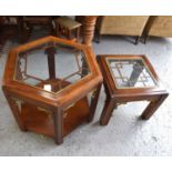 Two mahogany glass top occasional table, one in hexagonal form.