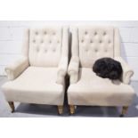 A pair of Library type armchairs, in white cotton, button back.