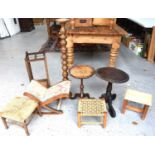A group of antique furniture to include a bobbin turned candle stand, a mahogany wine table, a