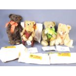 Four Steiff Teddy Bears comprising of Bertha, Bernard, Dylan and Scrumpy, all with bags and