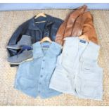 Two vintage leather jackets one made by RL together with a Hepings fishing waistcoat, a suede