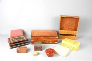 A group of jewellery boxes and trinket boxes to include a mahogany and brass inlaid jewellery box.