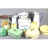 A group of vintage kitchen enamel ware to include a bread bin, teapot, dishes, two large water