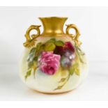 A Royal Worcester vase, the bulbous shape having twin handles, puce mark 1930s, signed EM Fildes,