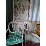 A French painted day bed, newly upholstered together with a French style painted armchair and