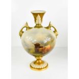 A Royal Worcester vase by Harry Stinton, with twin shaped handles and flared neck, painted with