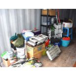 A very large group of tools, screws, workbench, fixtures and fittings, ladders and other items.