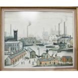 LS Lowry, Canal and Factories, a large print in colour, 60 by 74cm.