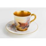 A Royal Worcester cup and saucer by John Stinton, painted with Highland cattle with gilded interior,