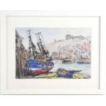 Jack Rigg (b.1927): Pen and pastel on paper, depicting a fishing trawler and a small row boat at low