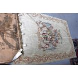 Two medieval style wall tapestries, one displaying a coat of arms , 187cm by 137cm.