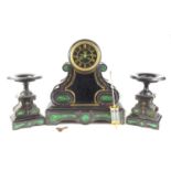 A 19th century French clock garniture comprising of a drum head slate mantle clock with visible