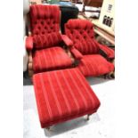 A Victorian mahogany framed red upholstered button back armchair together with a similarly