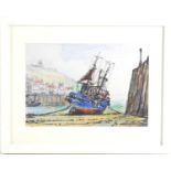 Jack Rigg (b.1927): Pen and pastel on paper, depicting a fishing trawler at low tide, 28cm by 28.