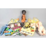 A group of vintage dolls and toys to include a Mettoy tinplate children's typewriter, Dinky and