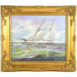 Oil on canvas (20th century): depicting two sailing boats in stormy seas, signed bottom left, 29cm