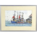 Jack Rigg (b.1927): Pen and pastel on paper, depicting two fishing trawlers, signed bottom left,