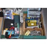 Two boxes of hand tools to include spanners, socket sets, Record G-clamps, drill bits and other