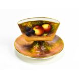 A Royal Worcester matchstick holder, raised on a dish form base, painted with fruit to a mossy