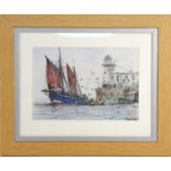 Jack Rigg (b.1927): Pen and pastel on paper, depicting a sailing ship and row boat, signed bottom