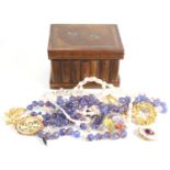 A vintage wooden jewellery box with secret compartment together with a small group of costume