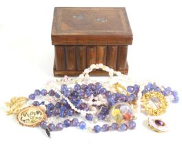 A vintage wooden jewellery box with secret compartment together with a small group of costume