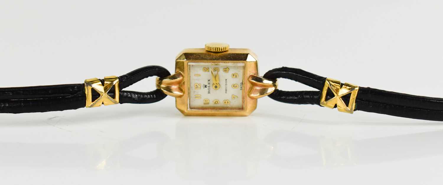 A 9ct gold ladies Rolex wristwatch, circa 1920, with a black leather strap. - Bild 2 aus 2