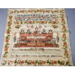 A 19th century sampler, depicting a stately home with inscriptions 'while it was in building,